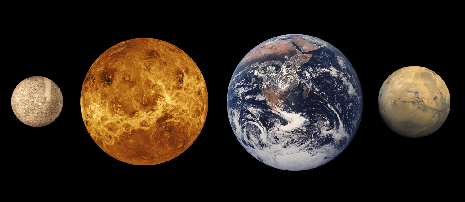 Mercury, Venus, Earth, Mars. Earth is shown with atmosphere and clouds.