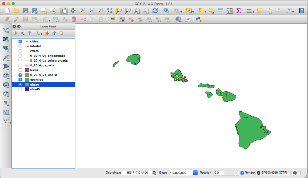 GIS view of Hawaii with cities and urban areas emphasized