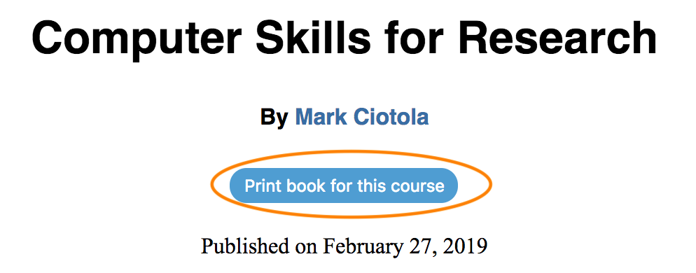 "Print book for this course" button shown beneath author name on course page